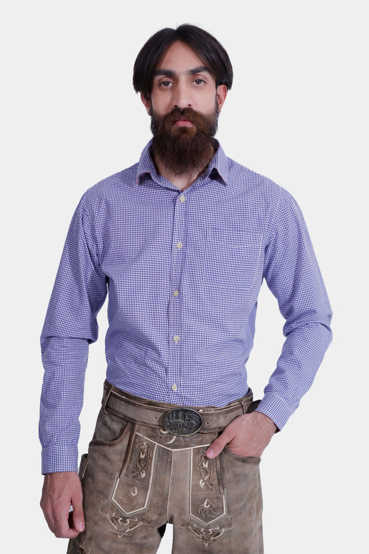 Man wearing Bodensee Lederhosen with blue checkered dress shirt, front view.