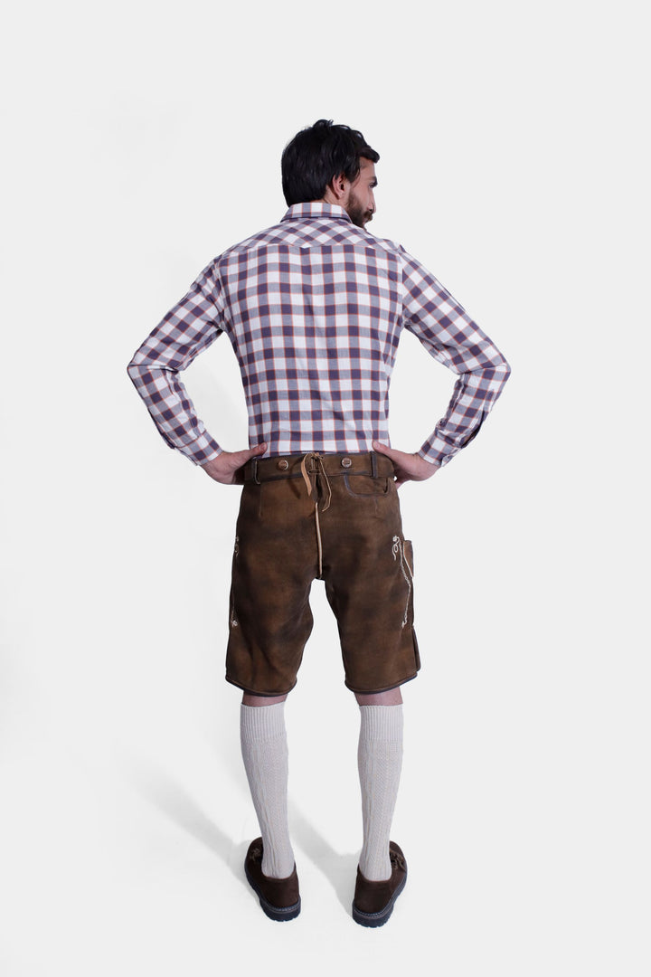 Back view of "Chestnut Oak" lederhosen, highlighting adjustable lacing for a perfect fit.