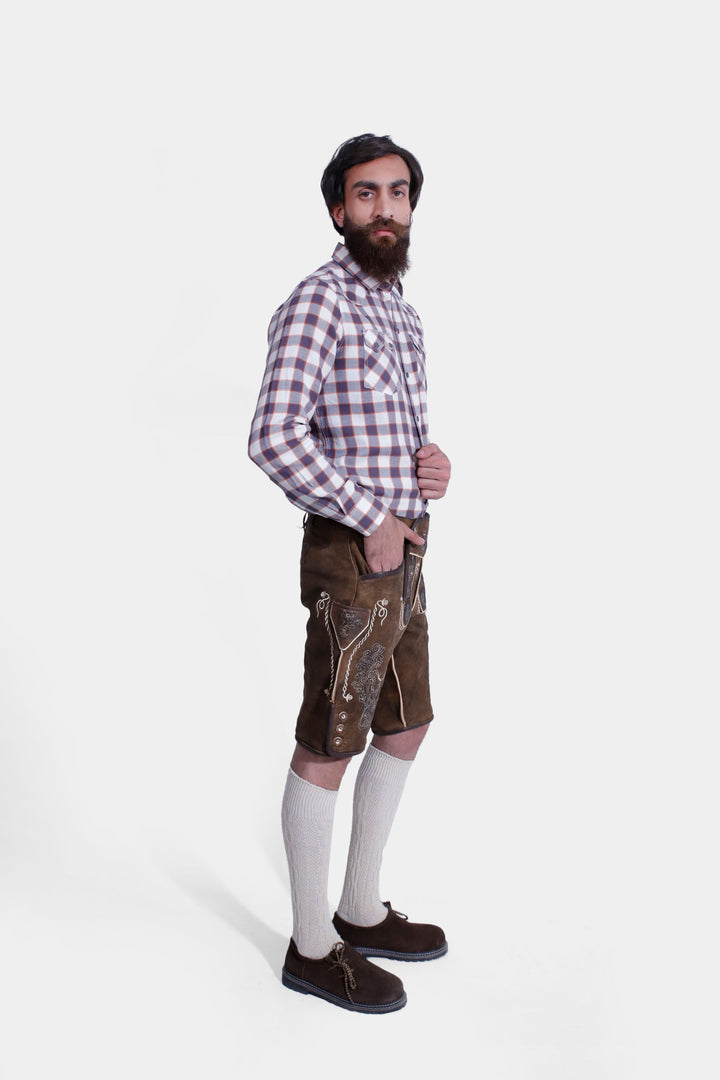 Side profile of "Chestnut Oak" lederhosen, highlighting high-grade goat suede.