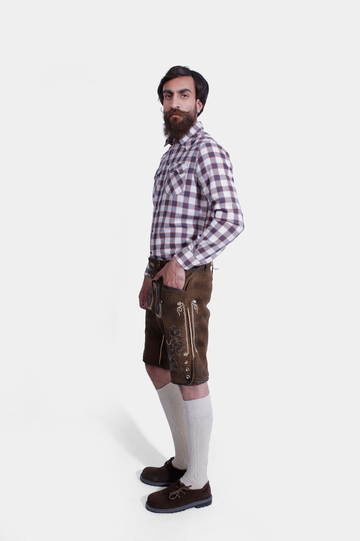 Man dressed in "Chestnut Oak" lederhosen, perfect for Oktoberfest