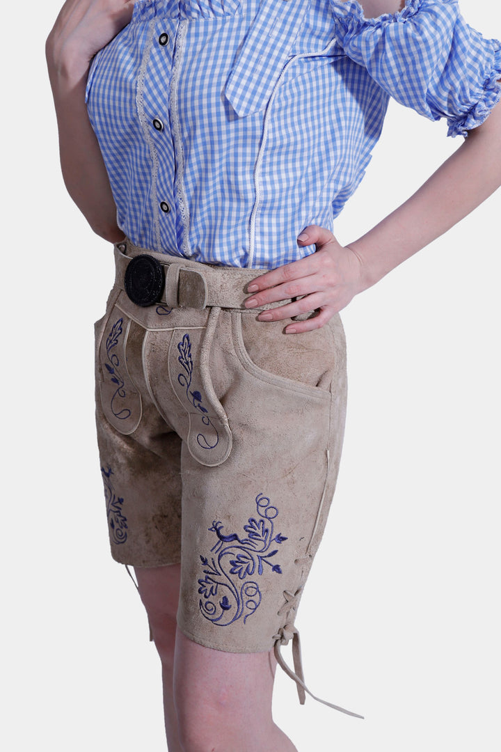 Side view of the Desert Sand Lederhosen, showing the side pocket and other details.