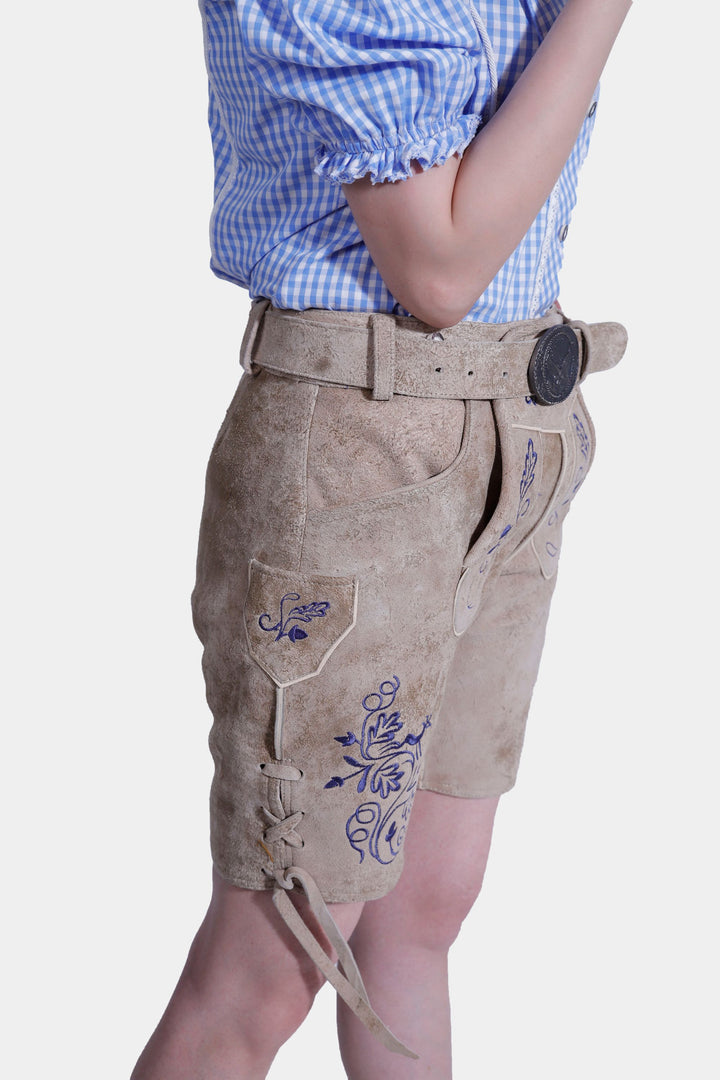 Side view of the Desert Sand Lederhosen, showing the side pocket and other details.