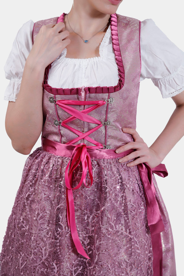 Close-up of the Dirndl Christiane's bodice, highlighting the silver filigree buttons and pink lace with a white blouse underneath.