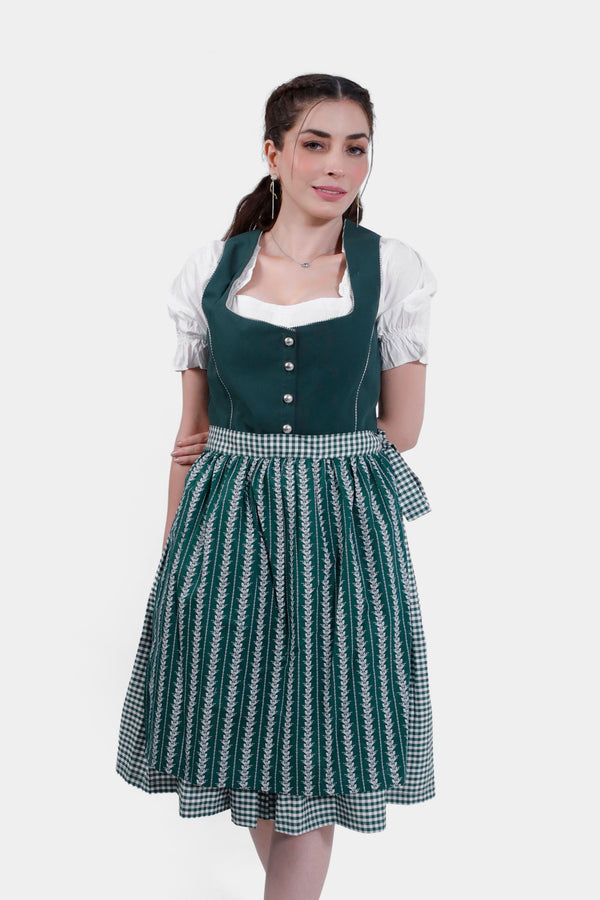 Front view of a woman in Dirndl Sukowa, featuring a deep green bodice, white blouse, and a green patterned skirt with a gingham apron.