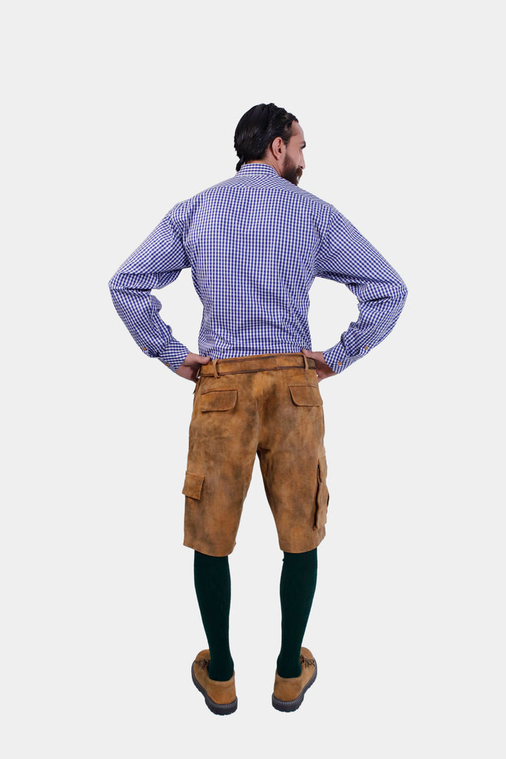 Back view of the Franzl Lang Cargo Lederhosen in Tuscan Sunburst, highlighting the detailed stitching and design, worn with a traditional blue and white checkered shirt.