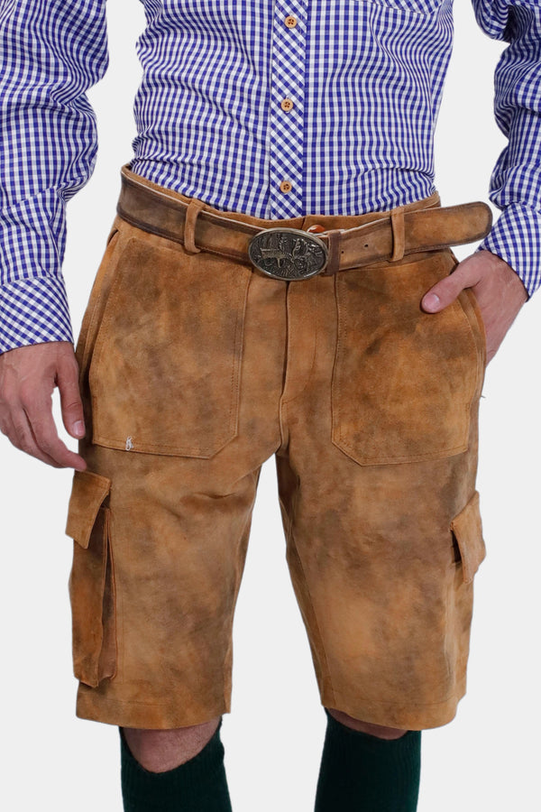 closed view of a man wearing Franzl Lang Cargo Lederhosen