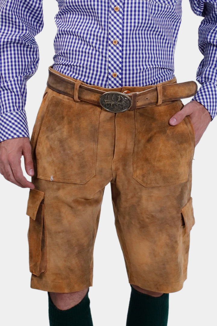 closed view of a man wearing Franzl Lang Cargo Lederhosen