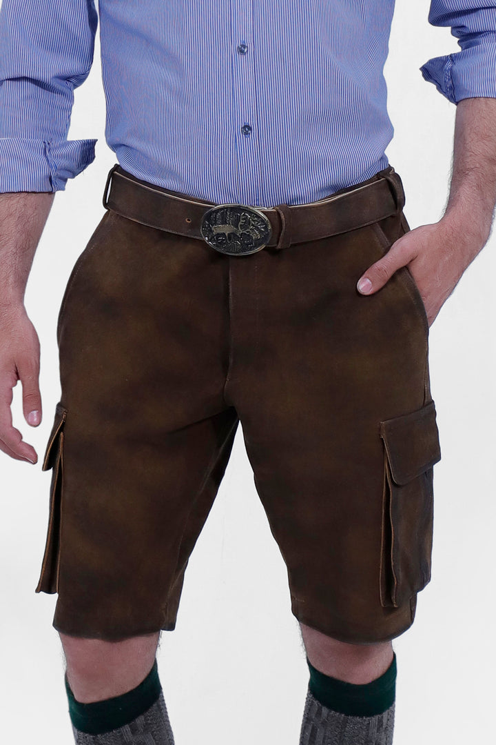 closed view of a man wearing Hallstatt Cargo Lederhosen