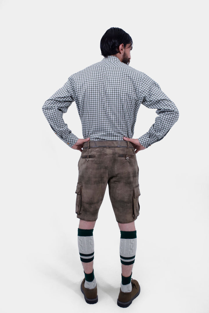 Rear view of a man wearing Klimt Cargo Lederhosen, showcasing the back pockets and detailed stitching of the traditional Bavarian leather shorts.