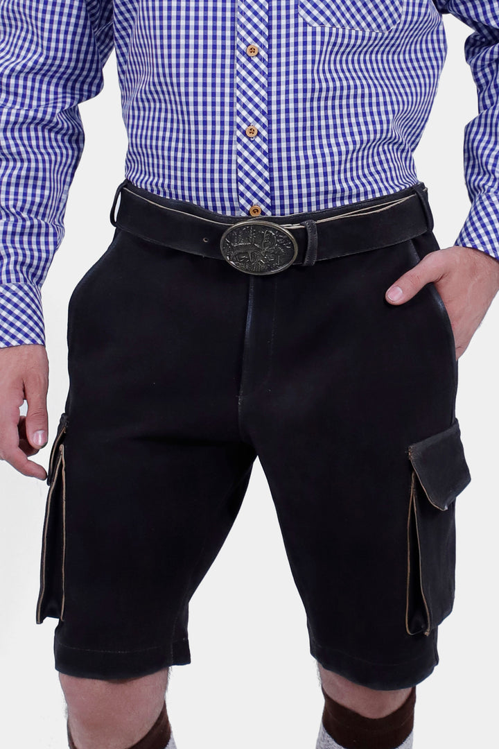 closed view of a man wearing Manor Oktoberfest Cargo Lederhosen