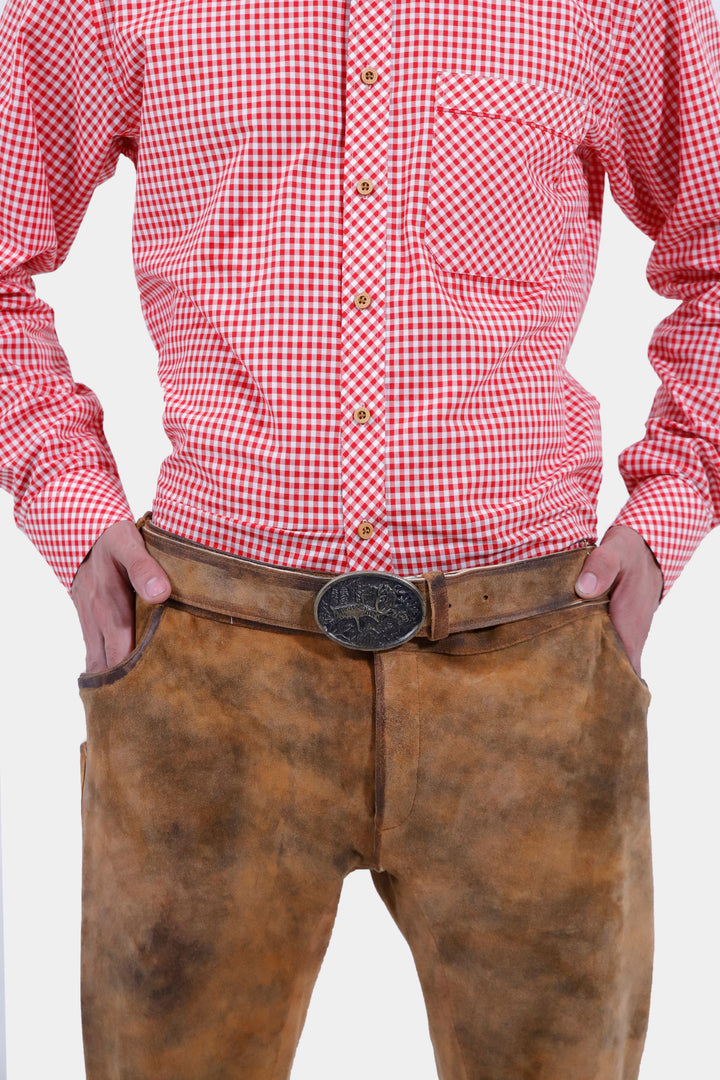 Close-up view of Miroslav Klose Bundhosen Outfit with red check shirt and old buckle belt highlighting the craftsmanship against a white background.