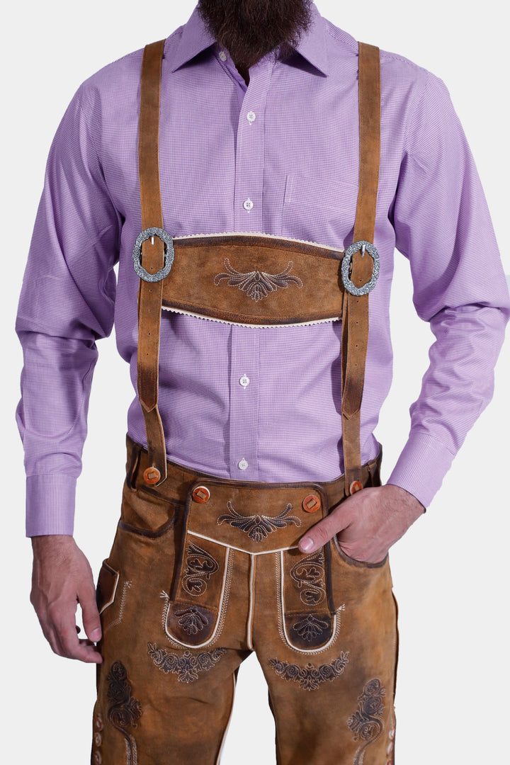 Model in "Rubens Lederhosen" lederhosen, paired with a matching belt