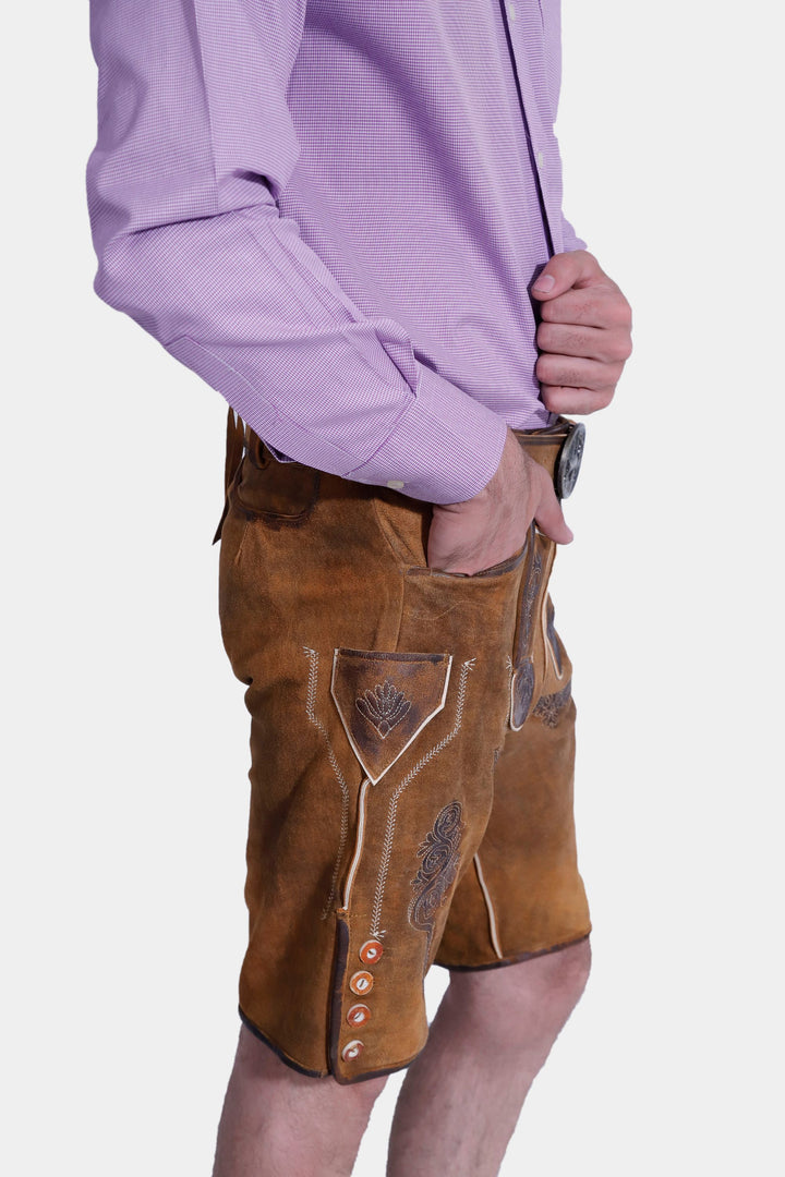 Side profile of "Rubens Lederhosen"  featuring knife pocket and side buttons.