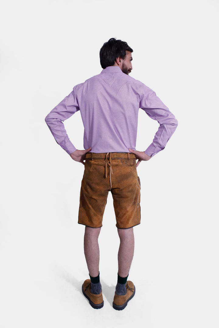 Back view of "Rubens Lederhosen," highlighting leather straps and back pocket.