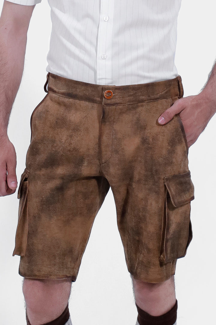 closed view of a man wearing Snowbird Cargo Lederhosen