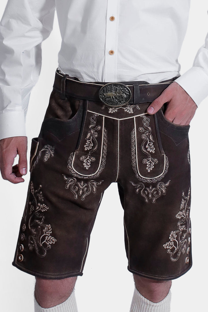 closed view of a man wearing Mahler Lederhosen