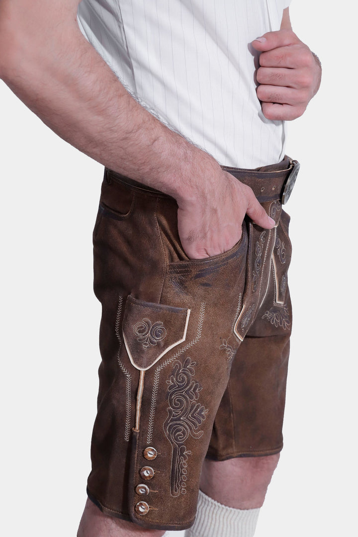 Side profile of "Richard Strauss Lederhosen" featuring knife pocket and stag horn buttons.