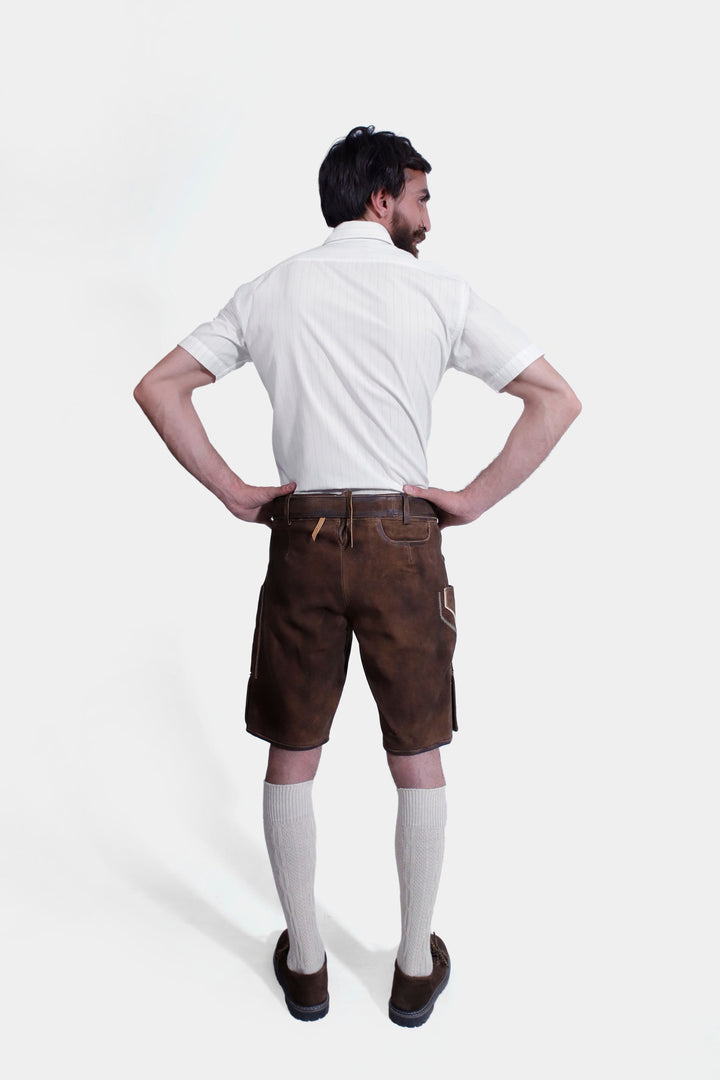 Back view of "Richard Strauss Lederhosen" highlighting leather straps and back pocket.